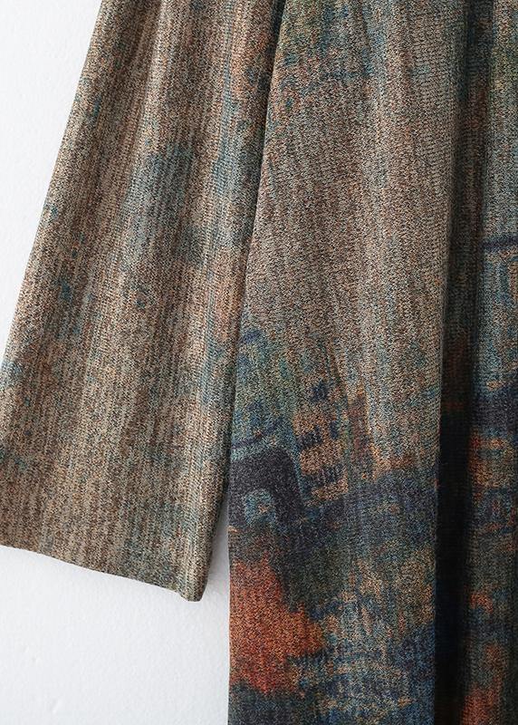 Pullover stand collar Sweater fall dresses Classy green print baggy knit dress - SooLinen