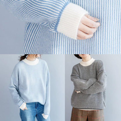 Pullover winter blue white striped knit sweat tops casual high neck crane tops - SooLinen