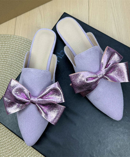Purple Bow Splicing Suede Slide Sandals Women Pointed Toe