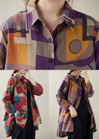 Purple Button Cotton Blouse Top Peter Pan Collar Long Sleeve