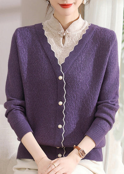 Purple Button False Two-Piece Cotton Knit Sweaters Long Sleeve