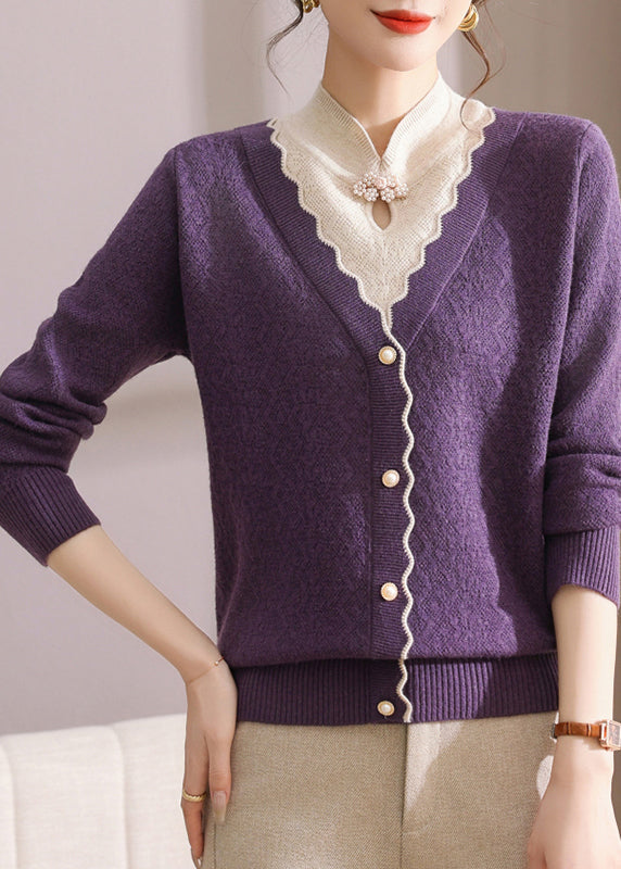 Purple Button False Two-Piece Cotton Knit Sweaters Long Sleeve