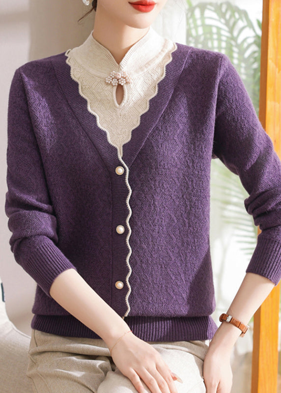 Purple Button False Two-Piece Cotton Knit Sweaters Long Sleeve