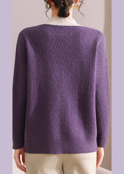 Purple Button False Two-Piece Cotton Knit Sweaters Long Sleeve
