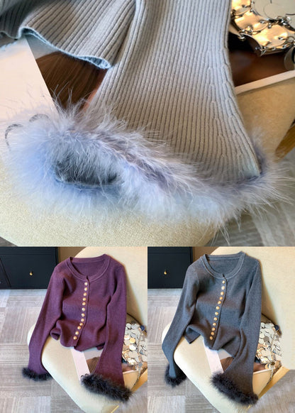 Purple Button Fluffy Patchwork Knit Sweater O Neck Spring