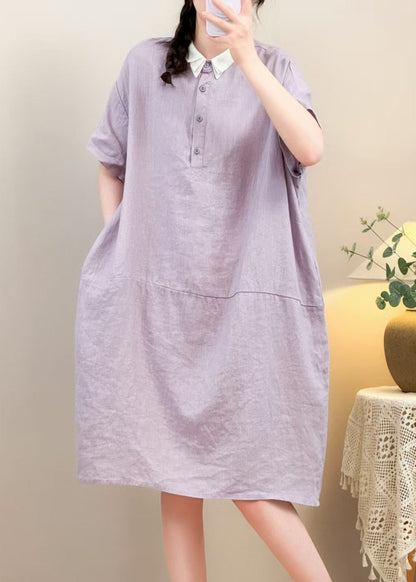 Purple Button Pockets Solid Cotton Summer Dresses Peter Pan Collar