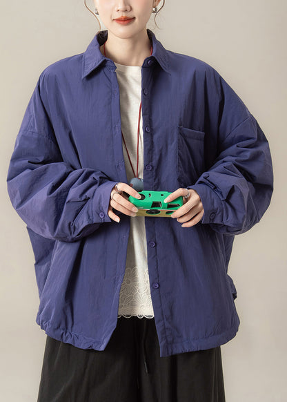 Purple Button Solid Cotton Filled Shirt Coat Peter Pan Collar