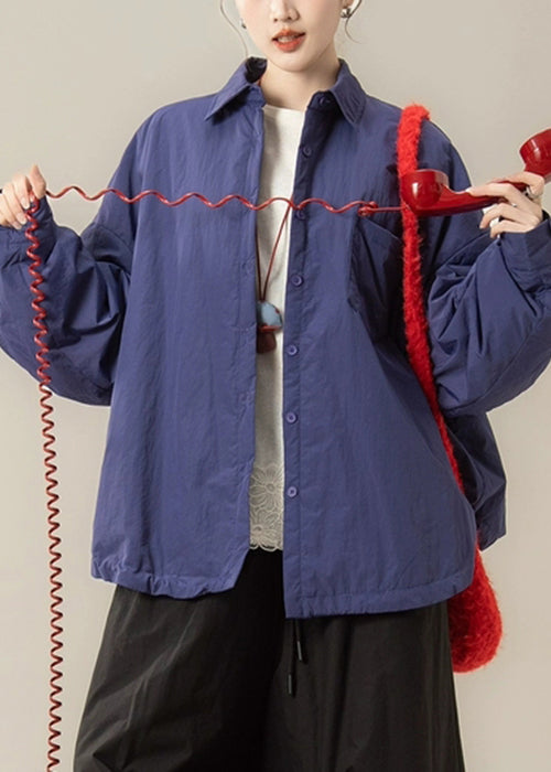 Purple Button Solid Cotton Filled Shirt Coat Peter Pan Collar