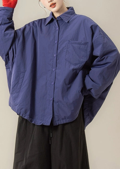 Purple Button Solid Cotton Filled Shirt Coat Peter Pan Collar