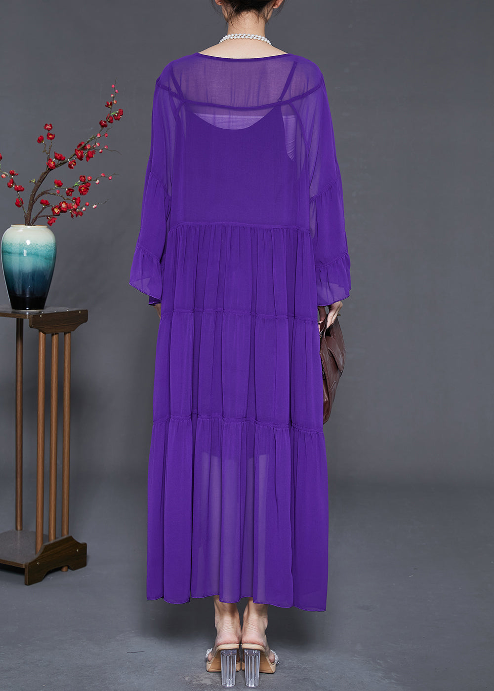 Purple Chiffon Vacation Dresses Oversized Wrinkled Flare Sleeve