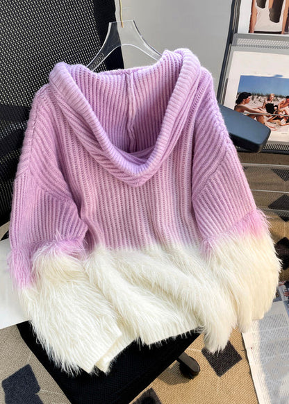 Purple Cozy Patchwork Top Mink Hair Knitted Hooded Long Sleeve