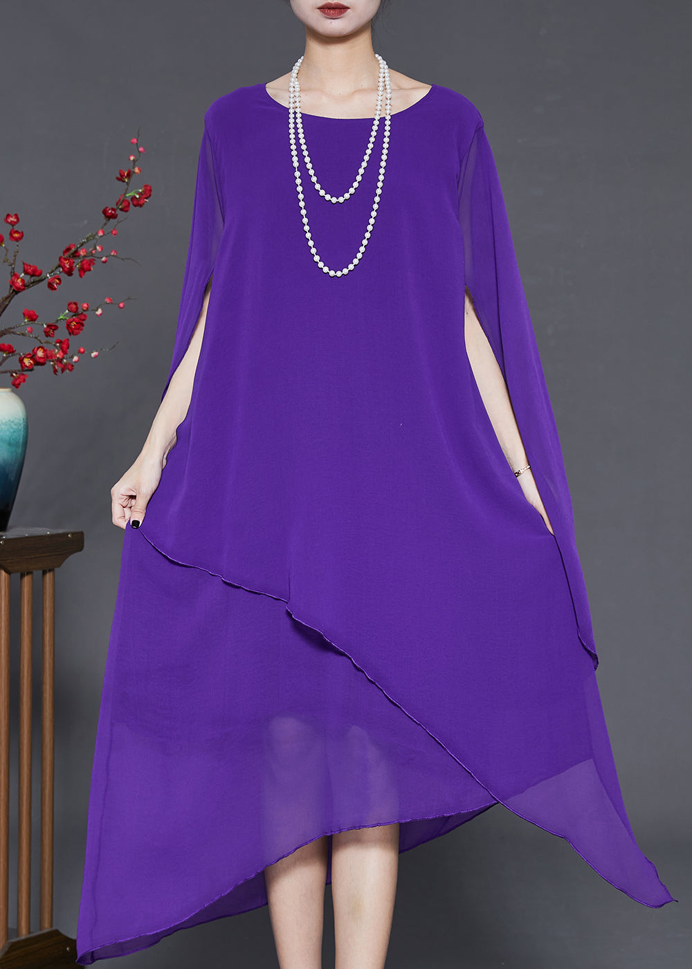 Purple Draping Chiffon Long Dresses Asymmetrical Cloak Sleeves