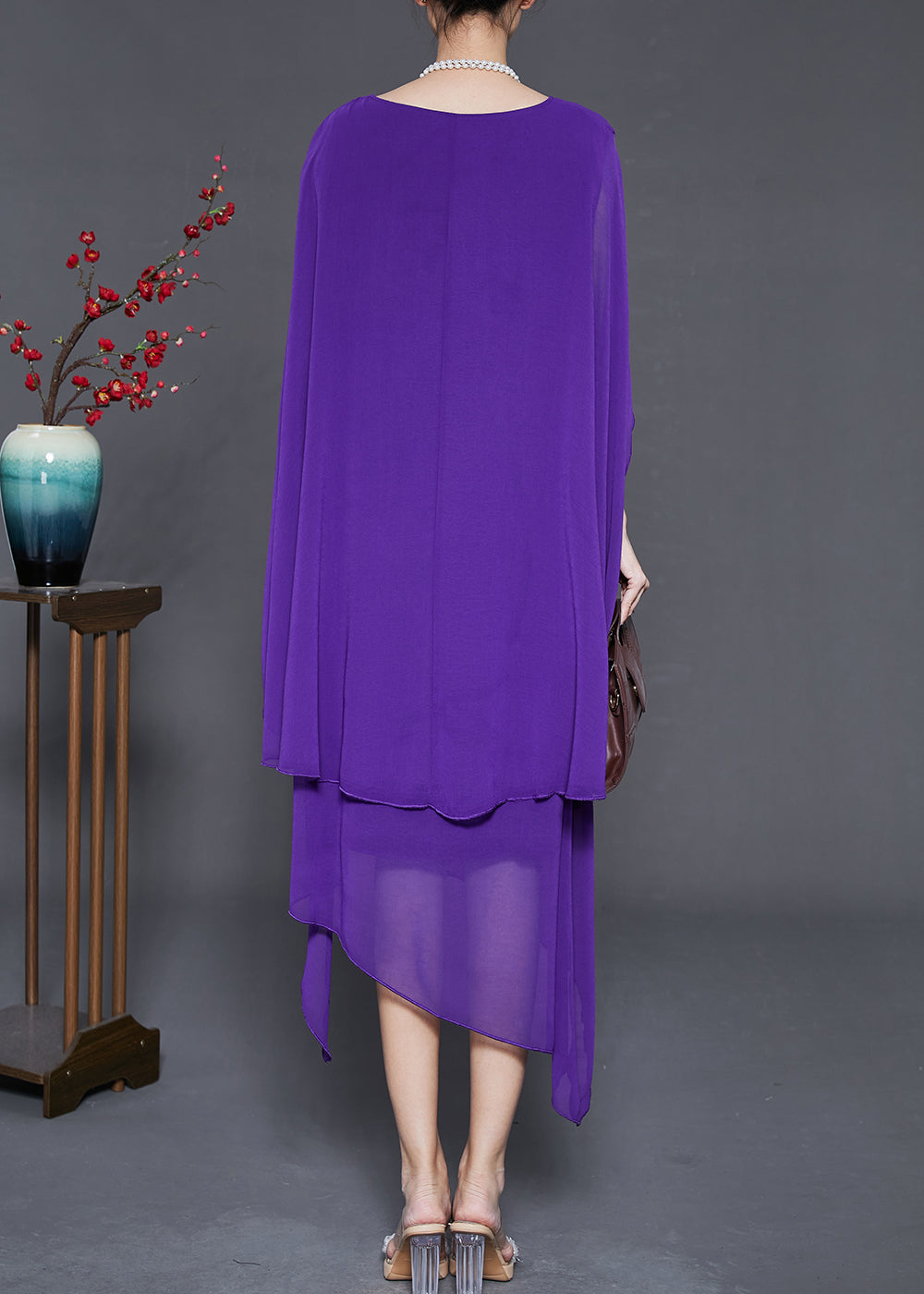 Purple Draping Chiffon Long Dresses Asymmetrical Cloak Sleeves