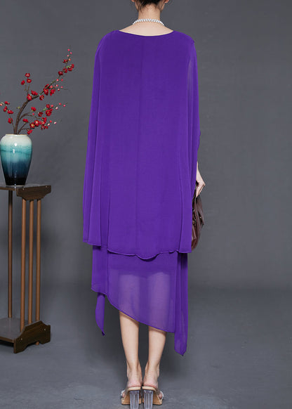 Purple Draping Chiffon Long Dresses Asymmetrical Cloak Sleeves