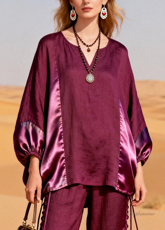 Purple Drawstring Patchwork Silk Linen Two Pieces Set V Neck Spring