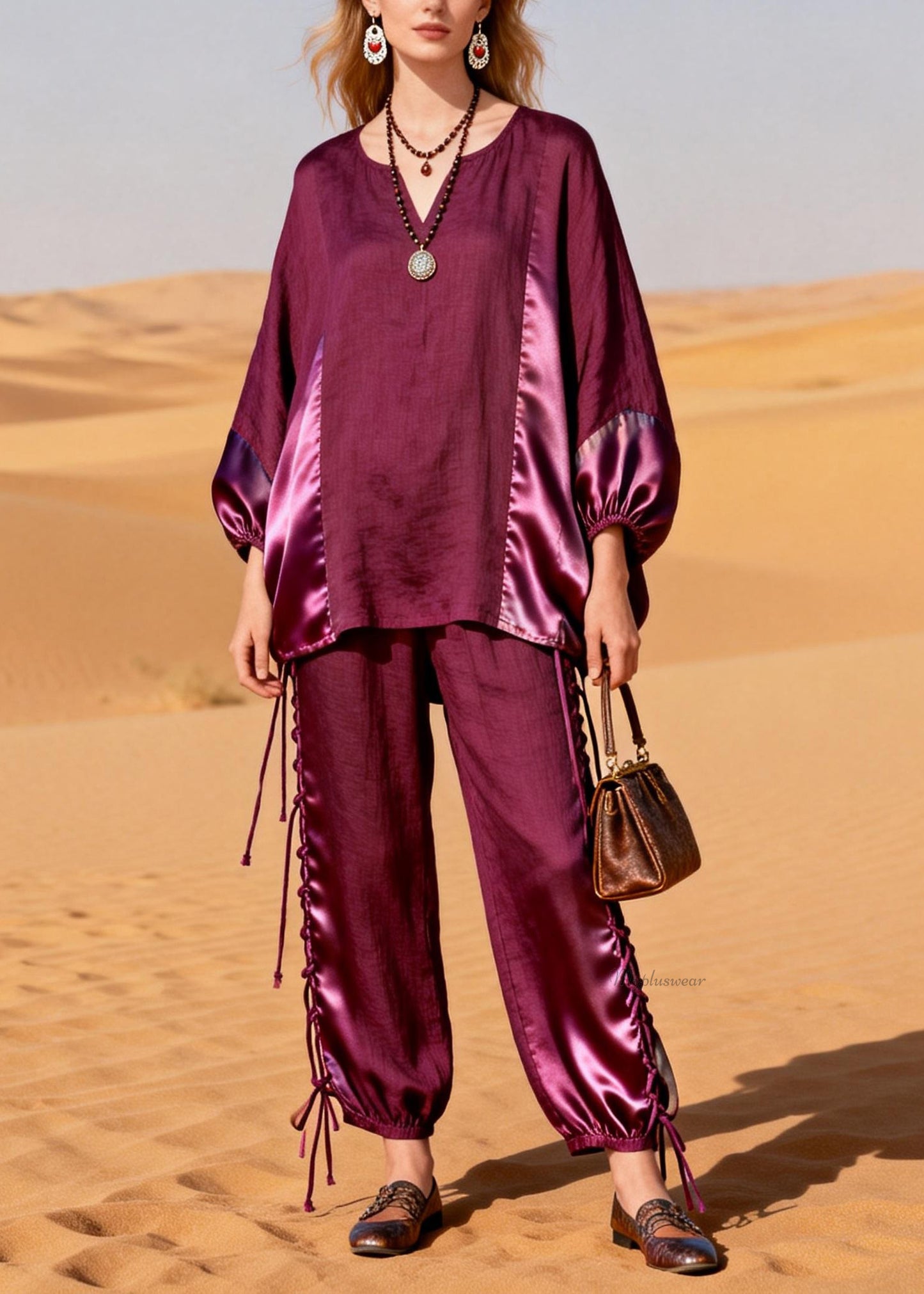 Purple Drawstring Patchwork Silk Linen Two Pieces Set V Neck Spring