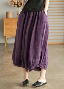 Purple Elastic Waist Linen Wide Leg Pants