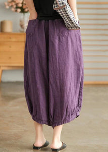 Purple Elastic Waist Linen Wide Leg Pants