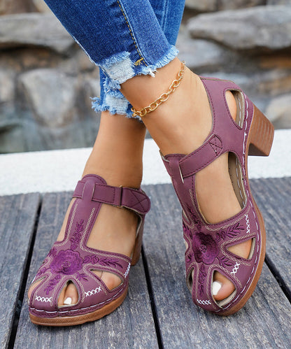 Purple Faux Leather Splicing Chunky Heel Sandals Embossed