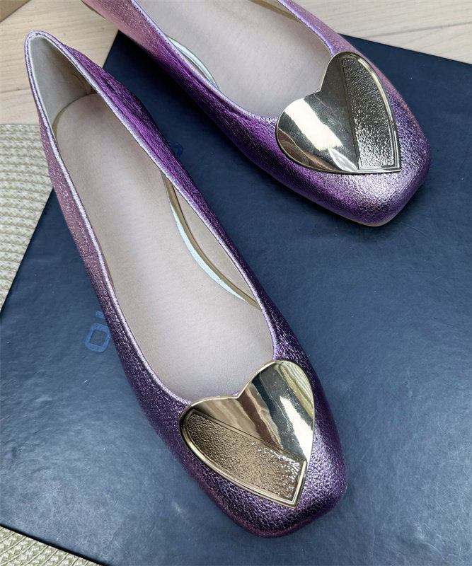 Purple Faux Leather Splicing Heart Sequined Flat Shoes