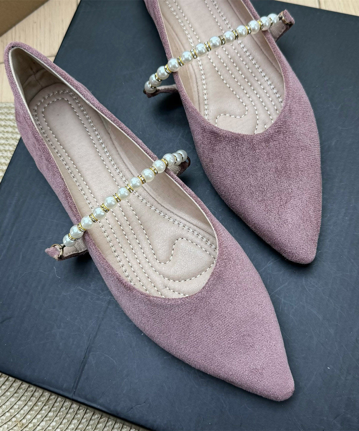 Purple Flats Suede Classy Splicing Pointed Toe Decorated Pearl