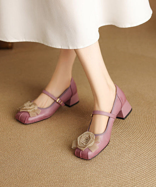 Purple Floral Buckle Strap Splicing Chunky Shoes Cowhide Leather
