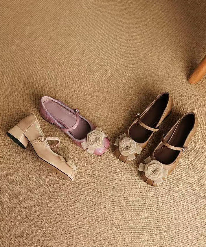 Purple Floral Buckle Strap Splicing Chunky Shoes Cowhide Leather