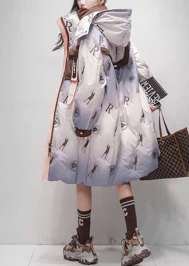 Purple Gradient Color Print Pockets Duck Down Down Winter Coats Hooded