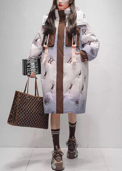 Purple Gradient Color Print Pockets Duck Down Down Winter Coats Hooded