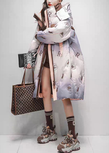 Purple Gradient Color Print Pockets Duck Down Down Winter Coats Hooded