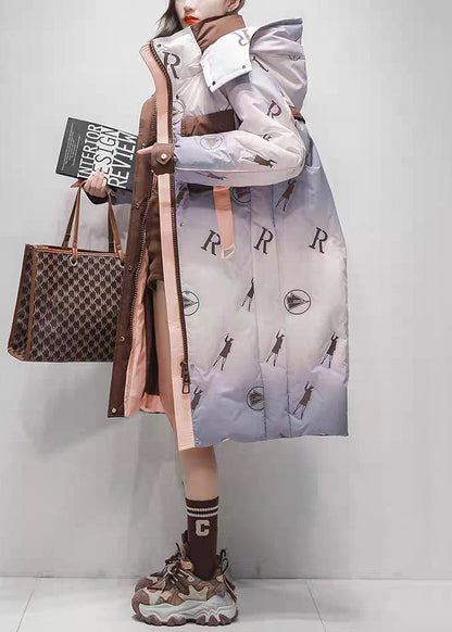 Purple Gradient Color Print Pockets Duck Down Down Winter Coats Hooded
