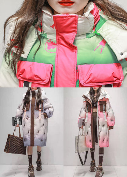 Purple Gradient Color Print Pockets Duck Down Down Winter Coats Hooded