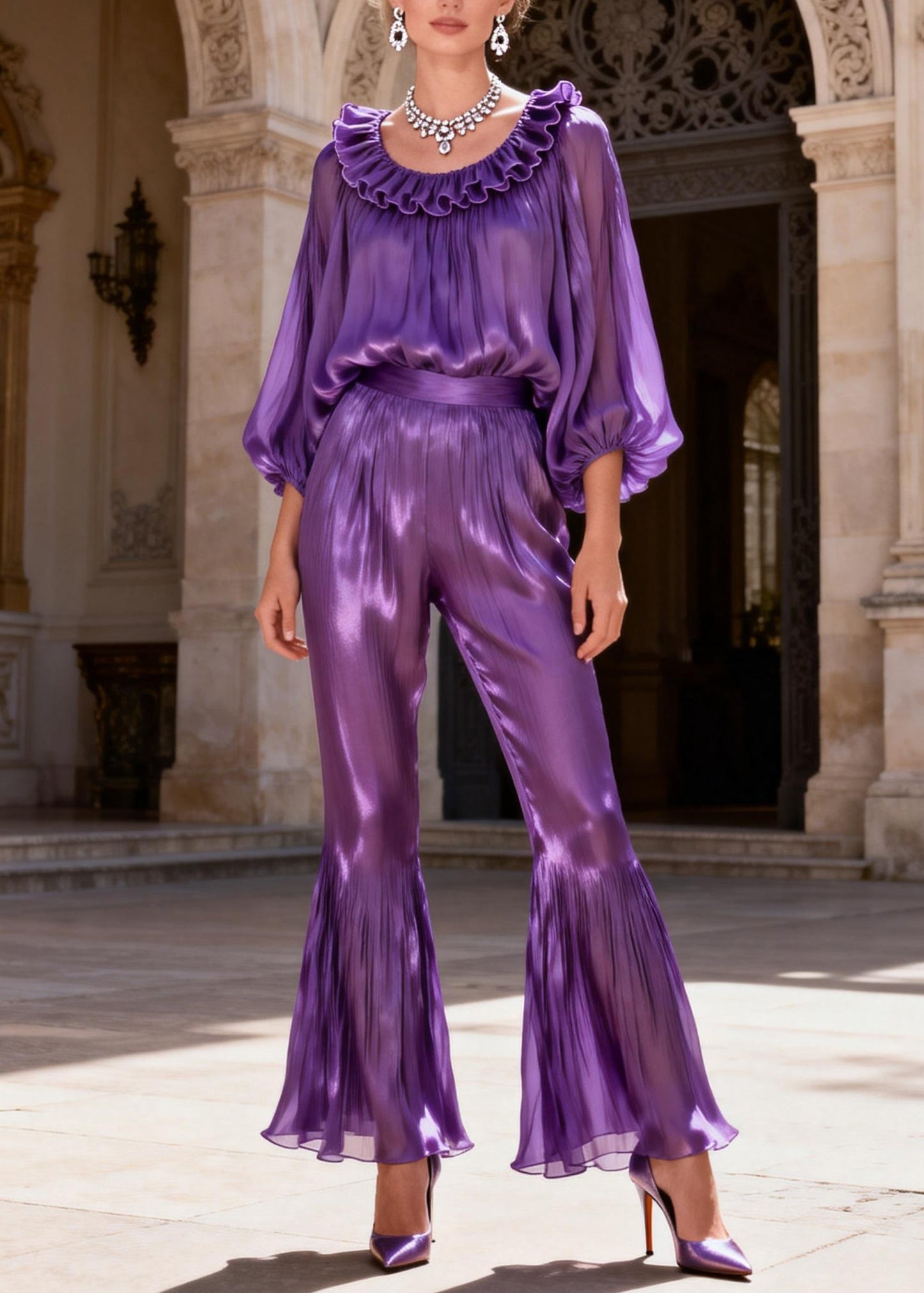 Purple High Waist Solid Silk Two Pieces Set Ruffled Lantern Sleeve