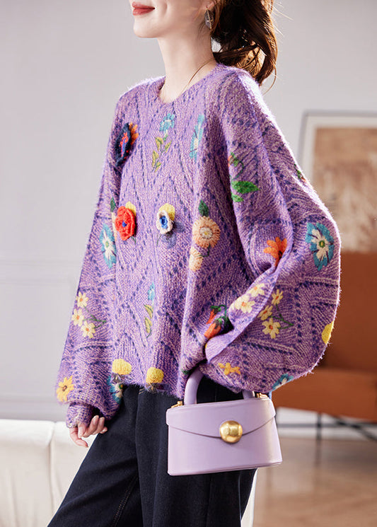 Purple Hollow Out Floral Knit Sweaters O Neck Winter