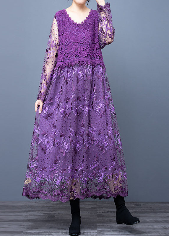 Purple Hollow Out Lace Patchwork Maxi Dresses O Neck Spring