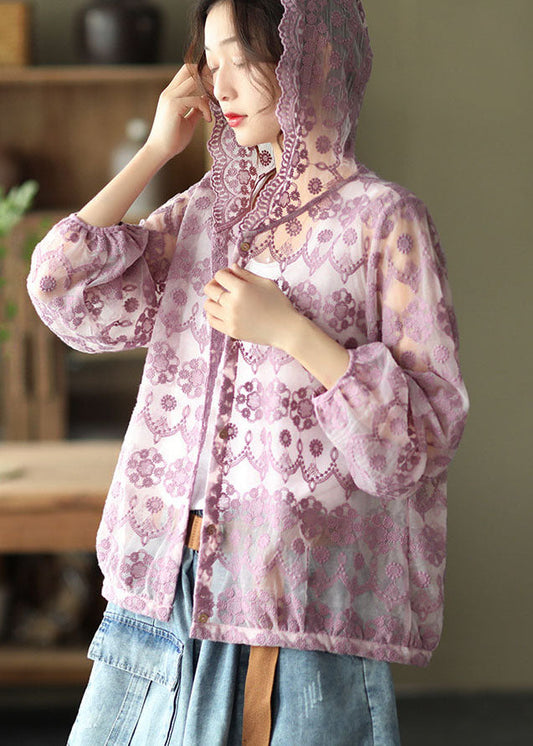 Purple Hollow Out Lace UPF 50+ Coat Cardigan Embroideried Long Sleeve