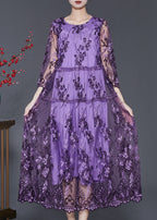 Purple Hollow Out Tulle Dress Embroidered Summer