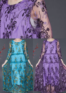 Purple Hollow Out Tulle Dress Embroidered Summer