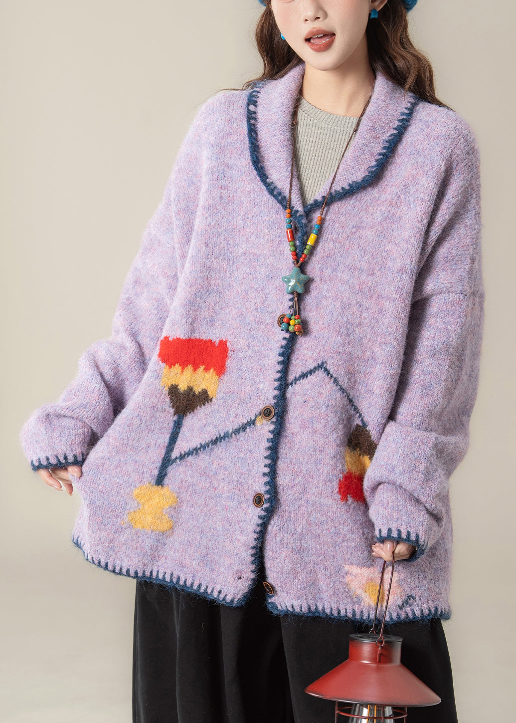 Purple Jacquard Button Knit Coats Peter Pan Collar