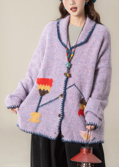 Purple Jacquard Button Knit Coats Peter Pan Collar