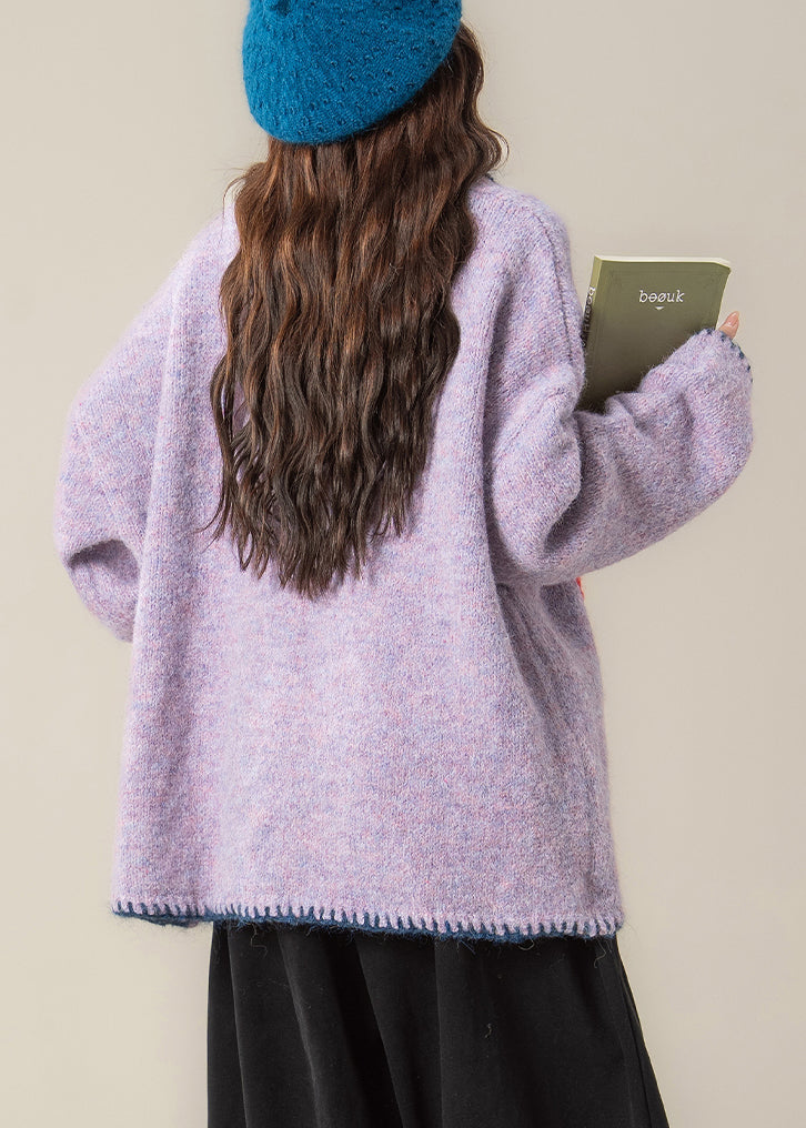 Purple Jacquard Button Knit Coats Peter Pan Collar