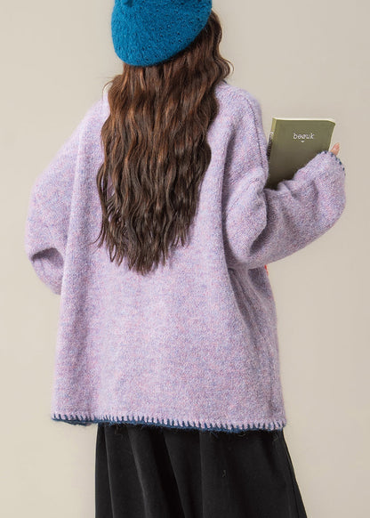 Purple Jacquard Button Knit Coats Peter Pan Collar