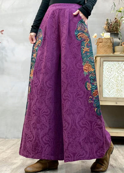 Purple Jacquard Linen Wide Leg Pants Embroidered Spring