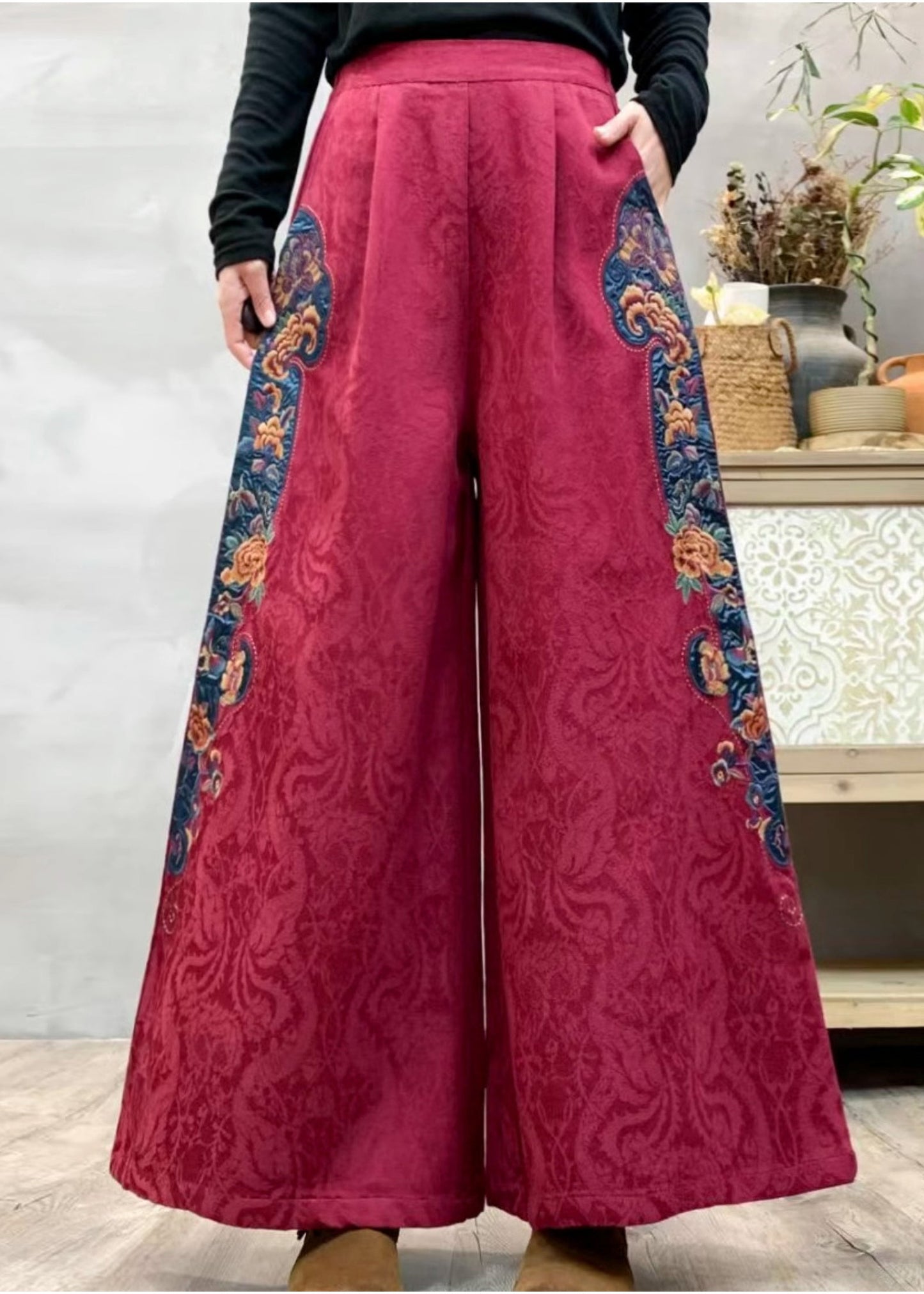Purple Jacquard Linen Wide Leg Pants Embroidered Spring