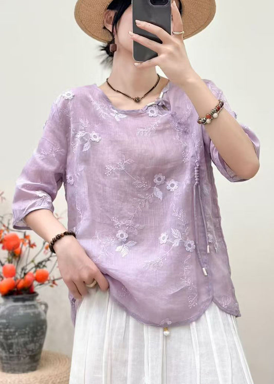 Purple Linen Oriental Tops Embroidered Tasseled Half Sleeve