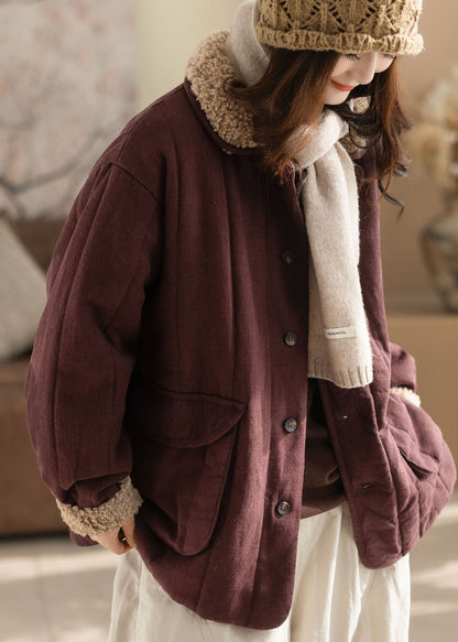 Purple Loose Fine Cotton Filled Jacket Fur Collar Pockets Winter