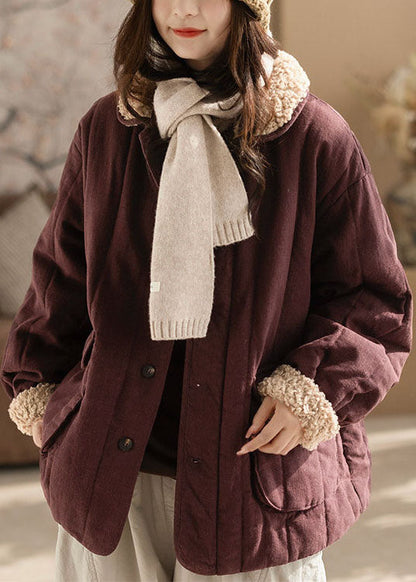 Purple Loose Fine Cotton Filled Jacket Fur Collar Pockets Winter