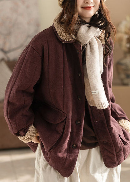 Purple Loose Fine Cotton Filled Jacket Fur Collar Pockets Winter