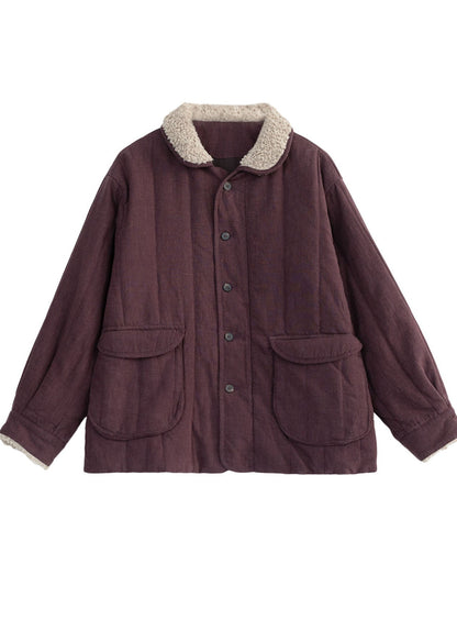 Purple Loose Fine Cotton Filled Jacket Fur Collar Pockets Winter