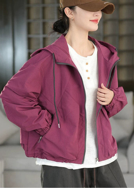 Purple Oversized Spandex Coat Hooded Drawstring Fall